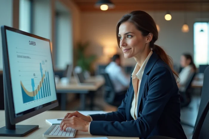 Professionnelle ambitieuse analysant son plan de carrière sur un écran dans un bureau moderne avec JumpBoostPro