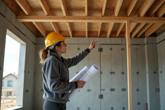 Professionnelle du bâtiment expliquant la structure de solives et lambourdes sur un chantier résidentiel