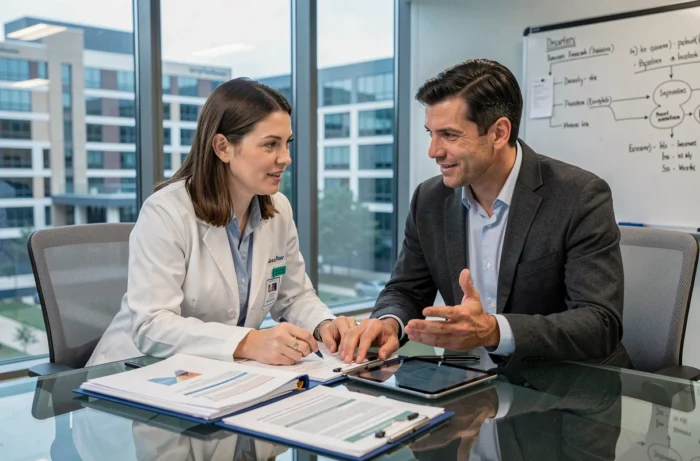 Professionnels de la santé collaborant sur des ressources et outils de formation dans une salle de réunion médicale