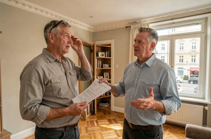 Propriétaire examinant des documents d'estimation immobilière dans son appartement avec une expression interrogative