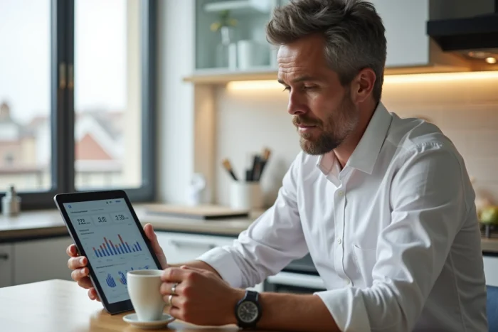 Propriétaire LMNP consultant une application de gestion locative et revenus sur tablette