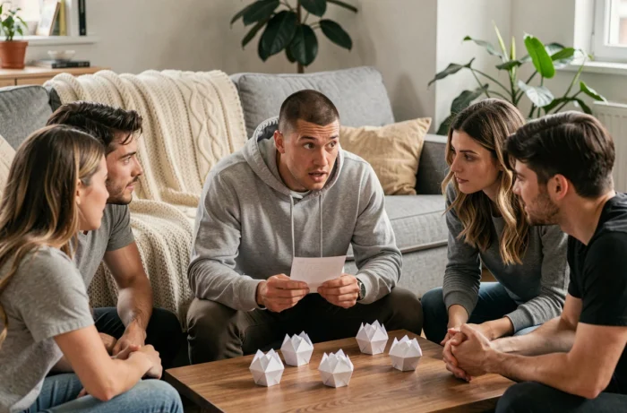 Homme répondant à une question gênante mais bienveillante tirée d'une cocotte en papier en groupe