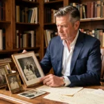 Homme en costume marine examinant des photographies de famille anciennes dans un bureau chargé de livres et de souvenirs familiaux