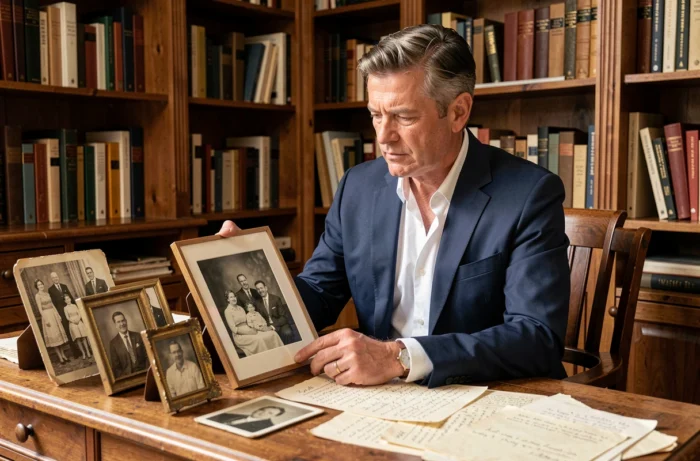 Homme en costume marine examinant des photographies de famille anciennes dans un bureau chargé de livres et de souvenirs familiaux