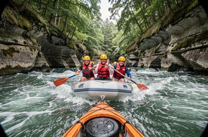 Groupe d'adultes en rafting encadré sur une rivière en eaux vives dans un canyon forestier