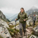 Femme en randonnée encadrée sur un sentier de montagne alpin avec guide professionnel