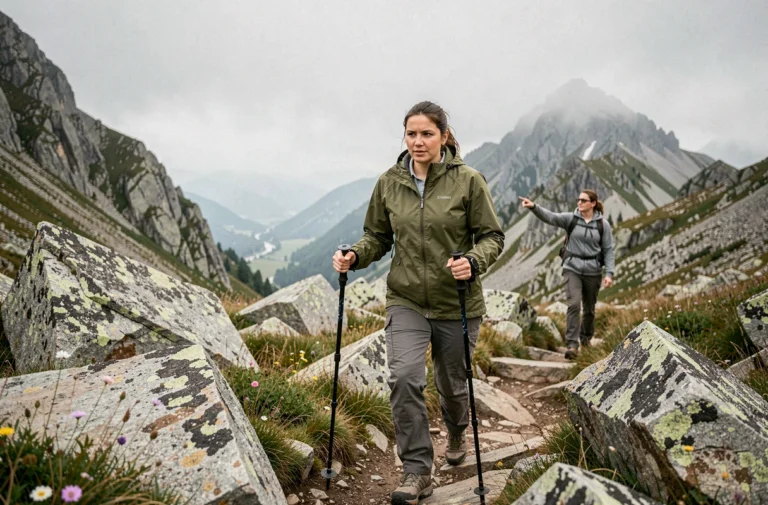 Femme en randonnée encadrée sur un sentier de montagne alpin avec guide professionnel