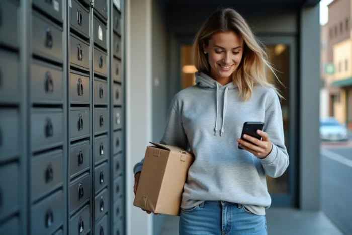 Jeune femme vérifiant le suivi de livraison Vinted Go sur son téléphone en récupérant un colis