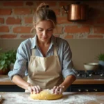 Femme préparant des pâtes fraîches maison sur un plan de travail en bois dans une cuisine rustique