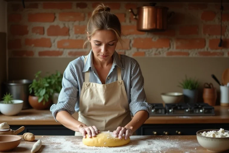 Femme préparant des pâtes fraîches maison sur un plan de travail en bois dans une cuisine rustique