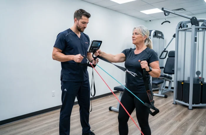 Séance de rééducation fonctionnelle avec biofeedback numérique guidée par un kinésithérapeute spécialisé en médecine sportive