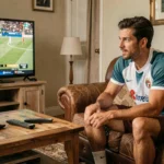Homme regardant un match de football en direct sur sa télévision depuis son canapé à domicile
