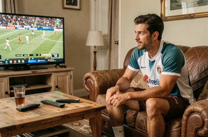 Homme regardant un match de football en direct sur sa télévision depuis son canapé à domicile