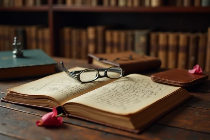 Registre ancien et objets personnels sur un bureau en bois, symboles de confidentialité et d'identité préservée