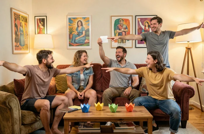 Groupe d'amis appliquant une règle absurde pour le reste de la soirée imposée par une cocotte en papier