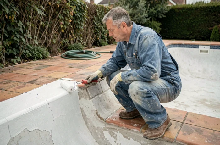 Artisan appliquant un revêtement imperméable sur les parois d'une piscine vide en cours de rénovation