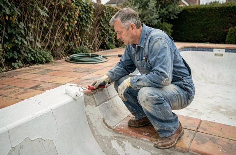 Artisan appliquant un revêtement imperméable sur les parois d'une piscine vide en cours de rénovation