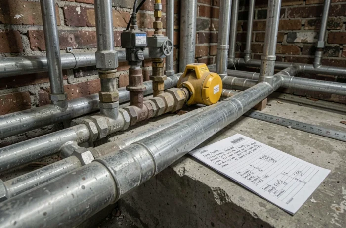 Réseau de tuyaux de gaz en acier galvanisé avec robinets et régulateurs de pression dans une chaufferie résidentielle