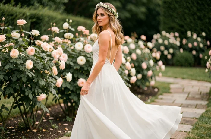Mariée en robe bohème en mousseline blanche dans un jardin fleuri avec des roses en arrière-plan