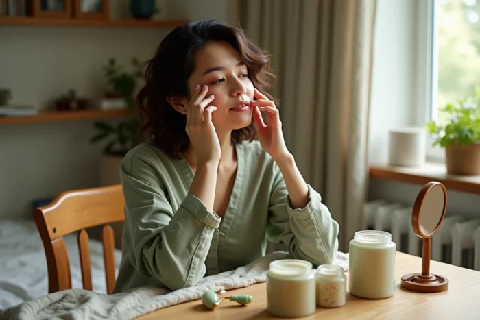 Jeune femme en routine beauté matinale à sa coiffeuse avec des produits de soin naturels et un jade roller