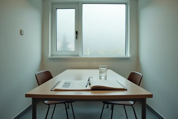 Salle d'interrogatoire suédoise minimaliste avec un dossier d'enquête ouvert contenant des notes manuscrites et des photographies liées à la mort d'Alexander Forsman