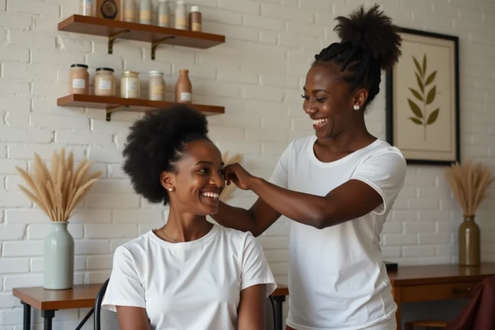 Deux femmes noires dans un salon de coiffure afro minimaliste, l'une se faisant tresser les cheveux courts naturels sans rajout par l'autre