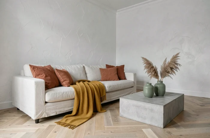 Salon scandinave blanc et gris avec coussins terracotta, vases vert sauge et plaid moutarde pour sublimer l'intérieur
