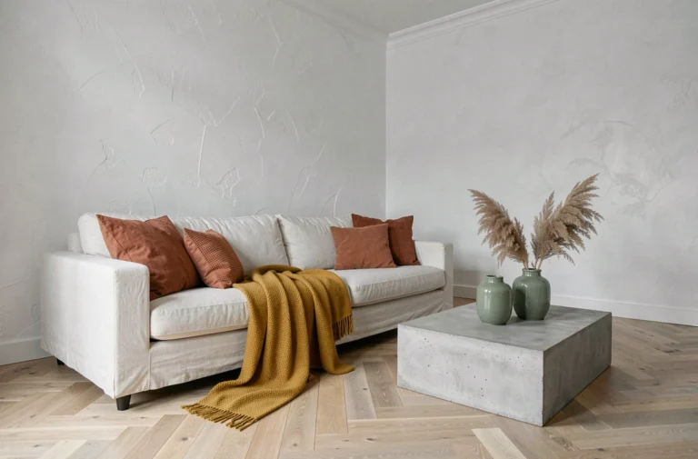Salon scandinave blanc et gris avec coussins terracotta, vases vert sauge et plaid moutarde pour sublimer l'intérieur