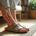 Femme portant des sandales Birkenstock Arizona pour soulager l'hallux valgus, assise sur un banc en bois dans un salon lumineux