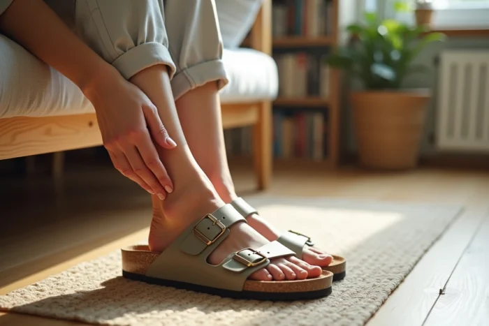 Femme portant des sandales Birkenstock Arizona pour soulager l'hallux valgus, assise sur un banc en bois dans un salon lumineux