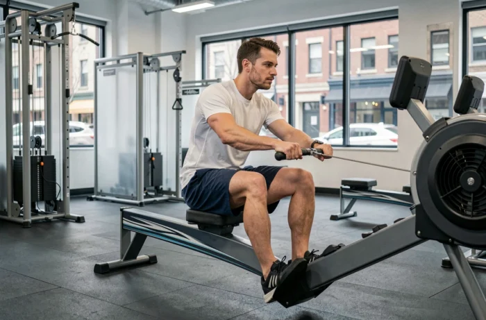 Homme testant une machine de rameur lors d'une séance d'essai dans une salle de sport urbaine