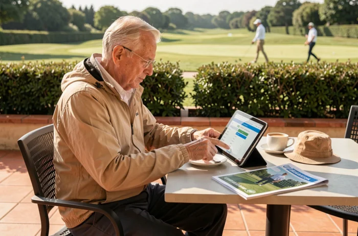 Golfeur senior gérant son compte FFGolf sur tablette en terrasse près d'un parcours de golf