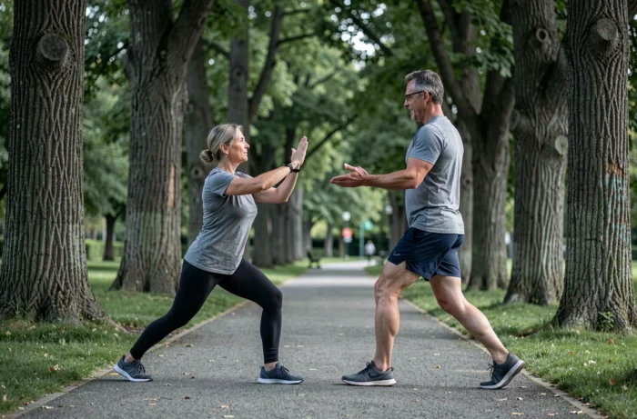 Couple de seniors pratiquant des étirements en plein air dans un parc, tendances bien-être et santé active