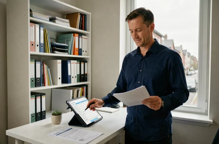 Homme consultant une plateforme administrative en ligne depuis son bureau à domicile avec tablette et documents
