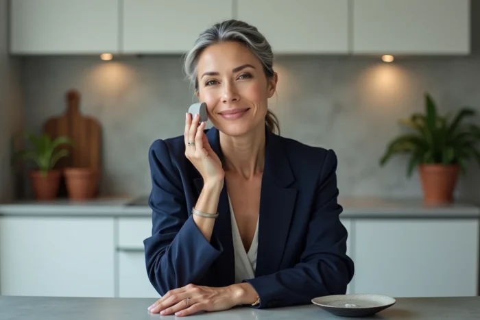 Femme mature appliquant une huile visage avec un gua sha dans une cuisine moderne, soin beauté anti-âge