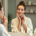 Femme appliquant un sérum visage dans une salle de bain moderne avec des produits de soin naturels
