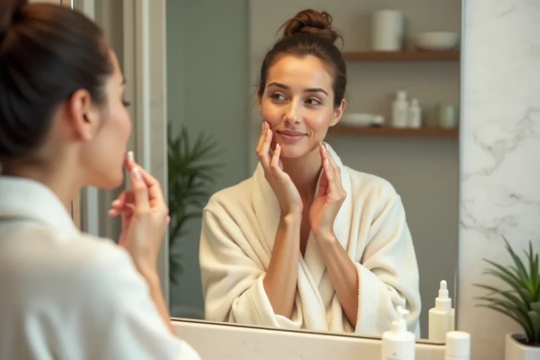 Femme appliquant un sérum visage dans une salle de bain moderne avec des produits de soin naturels