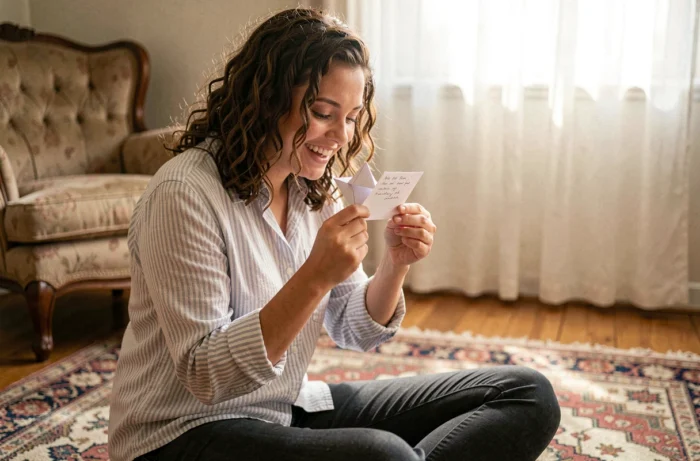 Jeune femme lisant un message évoquant un souvenir partagé dans une cocotte en papier