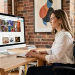 Galeriste analysant les statistiques de visibilité de sa galerie d'art en ligne sur un écran d'ordinateur dans un studio moderne