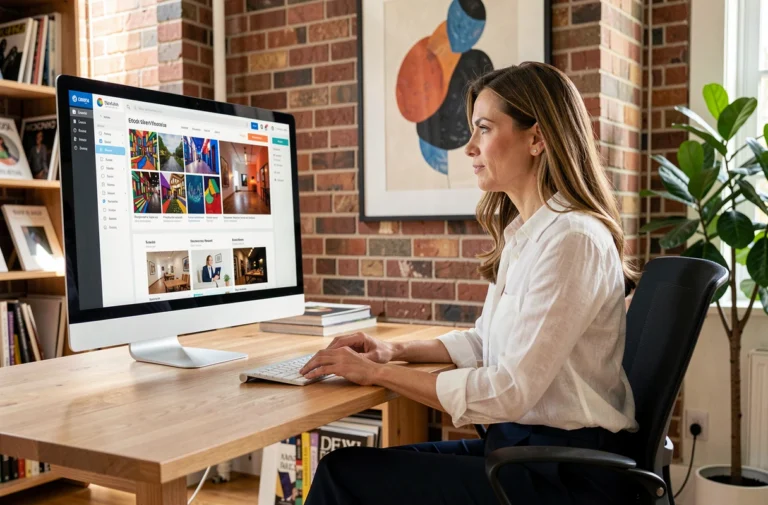 Galeriste analysant les statistiques de visibilité de sa galerie d'art en ligne sur un écran d'ordinateur dans un studio moderne
