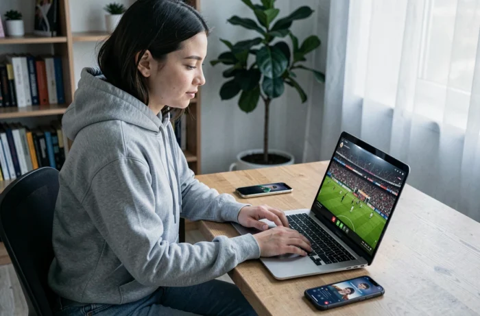 Jeune femme regardant un match de football en streaming gratuit sur son ordinateur portable