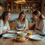 Groupe de personnes autour d'une table vide exprimant leur faim de manière comique