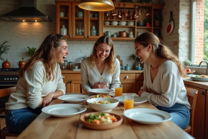 Groupe de personnes autour d'une table vide exprimant leur faim de manière comique
