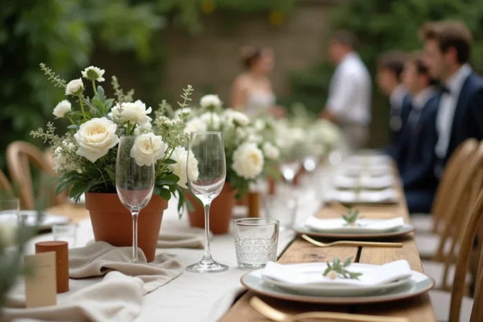 Table de réception de mariage en jardin français avec décoration florale raffinée et atmosphère intime