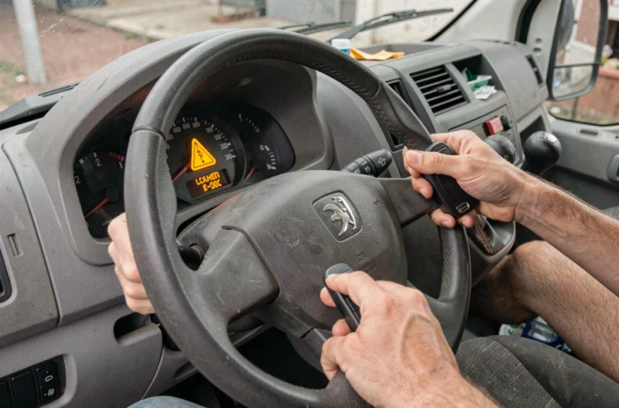 Tableau de bord d'une Peugeot Boxer avec le voyant d'anti-démarrage allumé et la clé dans le contact pour illustrer la désactivation du système d'immobilisation