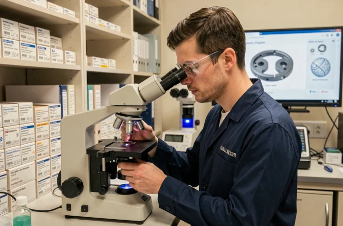 Technicien en contrôle qualité inspectant un instrument chirurgical au microscope dans un laboratoire de dispositifs médicaux français