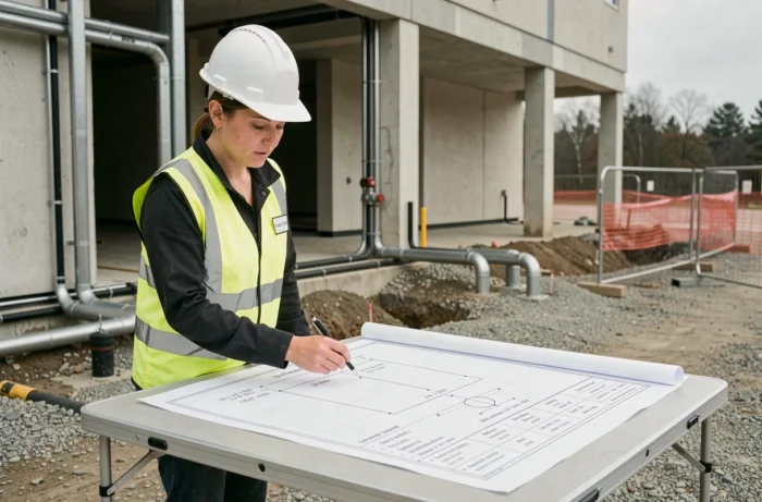 Technicienne en installation gaz consultant un plan de dimensionnement de tuyaux sur un chantier de construction