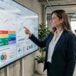 Professionnelle en blazer marine présentant des tableaux de bord marketing 2024 sur un grand écran dans un bureau moderne