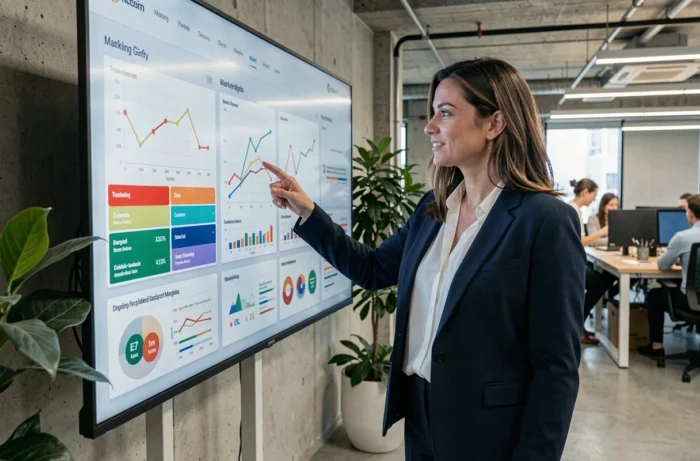 Professionnelle en blazer marine présentant des tableaux de bord marketing 2024 sur un grand écran dans un bureau moderne