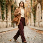 Femme élégante portant un blazer camel oversize et un pantalon large bordeaux dans une rue pavée parisienne en automne
